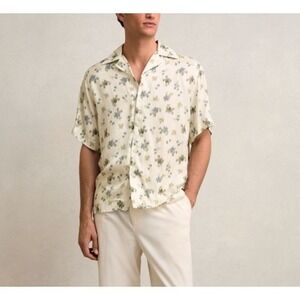 Reiss Men's Fade Abstract-Floral Print Cuban-Collar Shirt in Off White Size XL